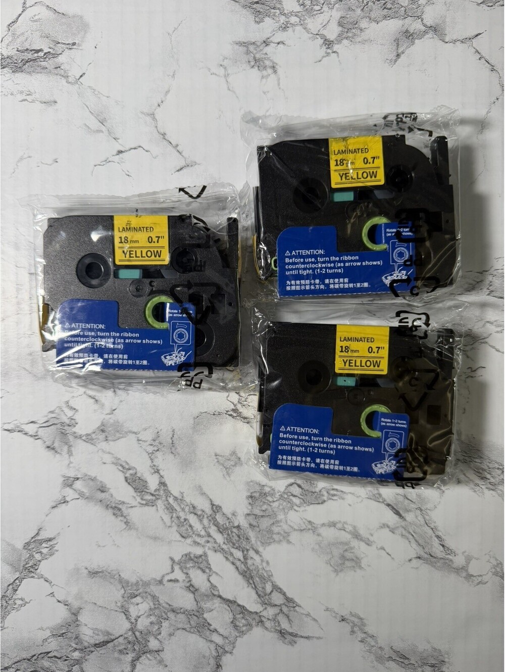 3 pack LM Tapes - 18MM black on yellow Tape 0.7” Laminated